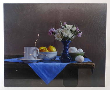 Peter Poskas III (b. 1969): Peter Poska III (b. 1969), still life of coffee cup, lemons, egg and flours, oil on carton. 21" x 25 1/2". Damaged.