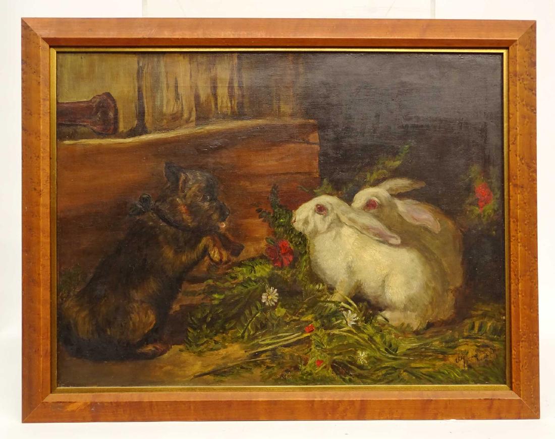 19th c. Painting Of Dog And Rabbits (1 of 5)