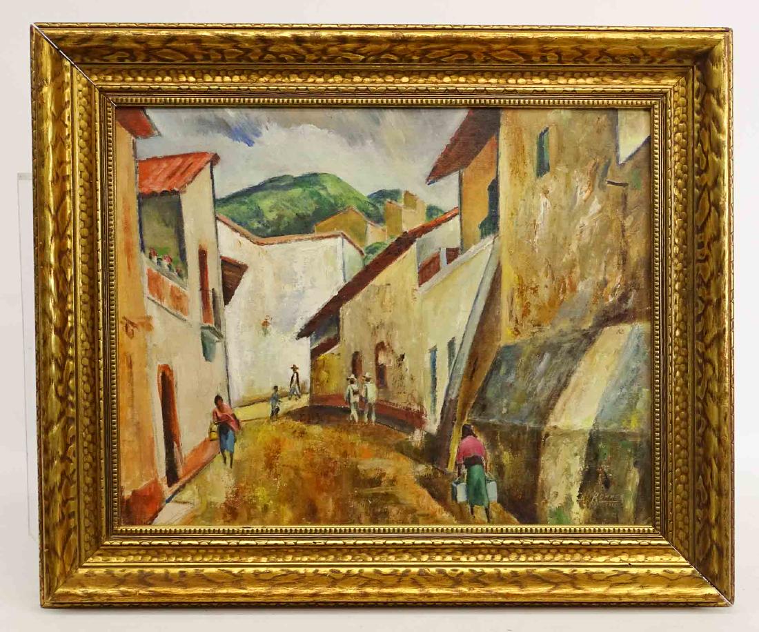 Ross Rohrer (United States 20th Century): Ross Rohrer (United States 20th Century), Street Scene, Taxco, oil on artist board. Label verso "Publications Department-Ford Motor Company-Dearborn Michigan". 16" x 20".