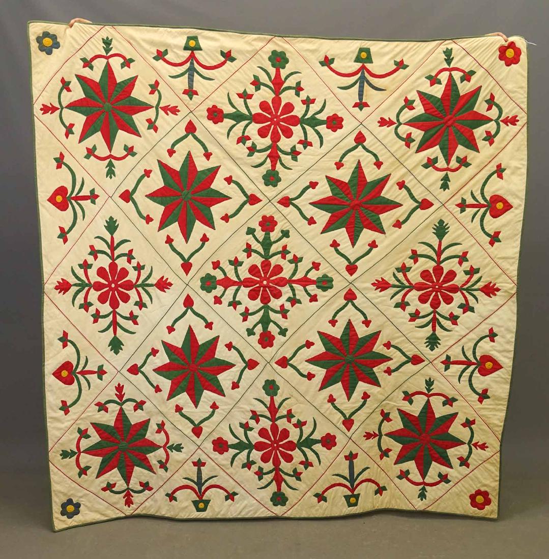19th c. Floral Applique Quilt: 19th c. green, red and white N.Y.S. floral applique quilt. 71" x 71".