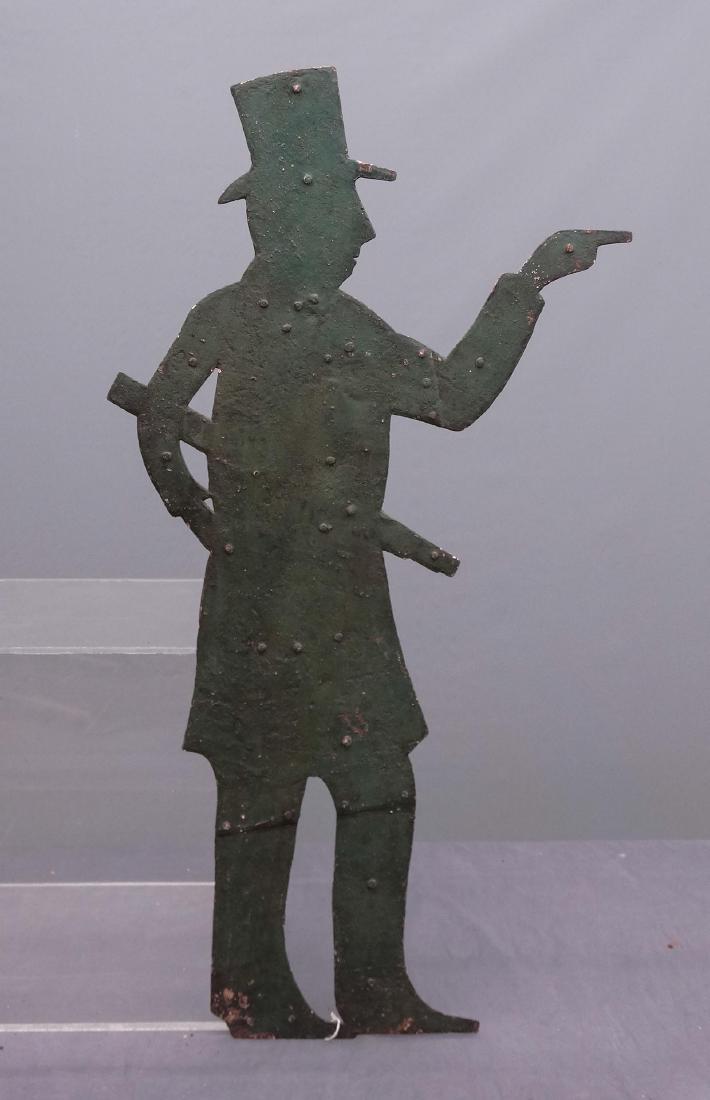 Sheet Metal Weathervane: Sheet metal weathervane in green paint. Man with telescope. 21" x 38 1/2".