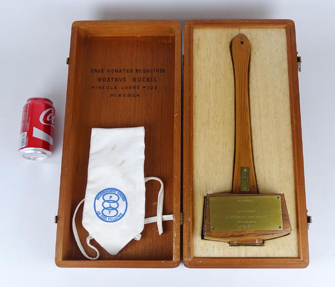 Odd Fellows Gavel: Odd Fellows gavel in original fitted case. Case marked inside lid "CASE DONATED BY BROTHER GUSTAVE BUCKEL / MINEOLA LODGE #125 / MINEOLA". Case 19 1/2" x 9" x 4 1/2".