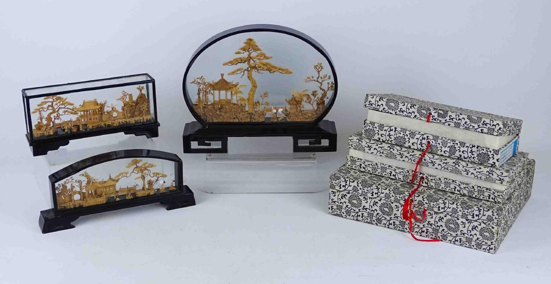 Asian Cork Dioramas: Lot (3) cased Asian cork dioramas. Glass needs to be glued down on one.