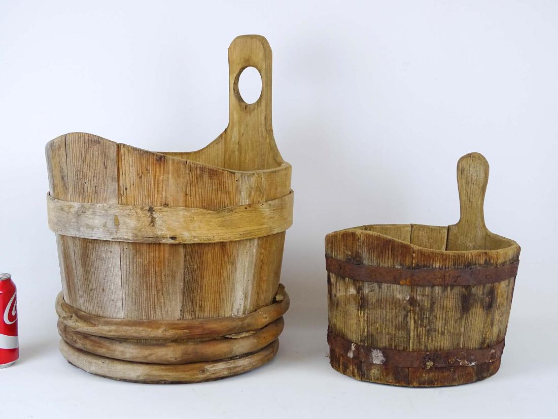 Wood Staved "Piggins": Lot (2) wood staved "Piggins". 10" D., 11" Ht. and 13" D., 18 1/2" Ht..