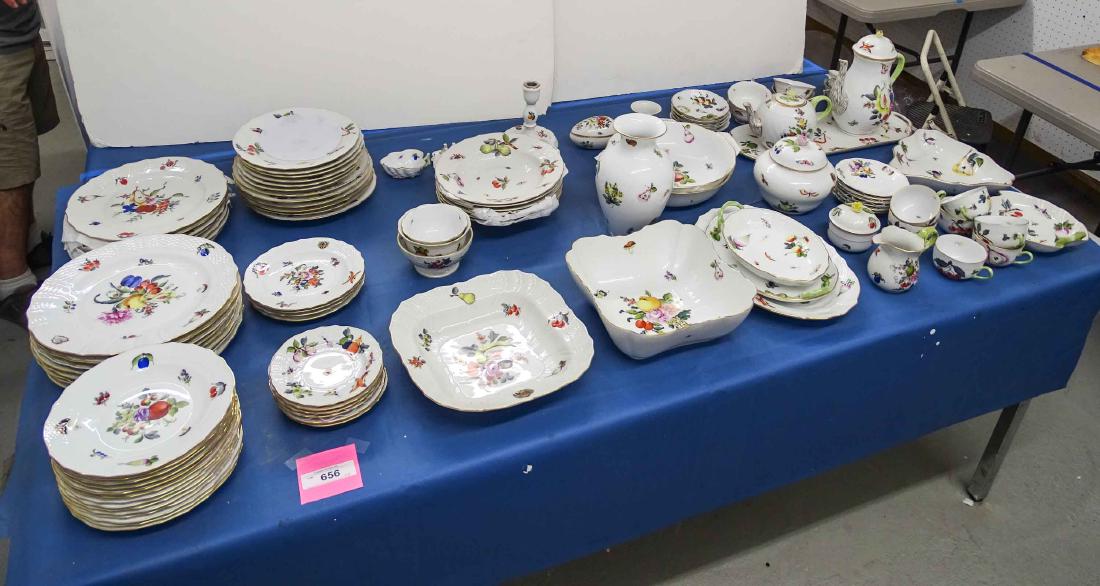 Large Set Of Herend China: Large set of Herend china (Hungary), hand painted. 90 piece mixed dinner service, mostly matching with basket weave molded pattern. Includes (8) 10 3/4" plates, (7) 10 1/4" plates, (6) 9 3/4" plates, 
