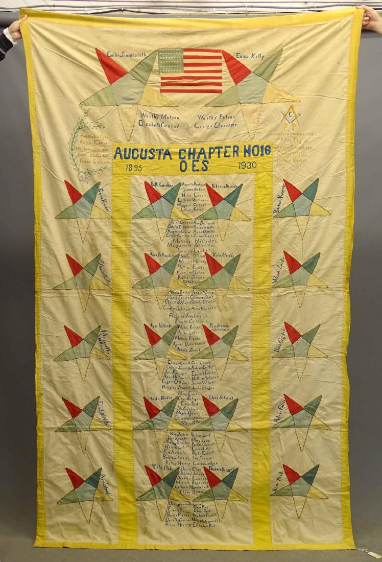 Masonic Quilt: Masonic quilt. Marked "AUGUSTA CHAPTER / NO. 16 / O. E. S. / 1895-1930". 57" x 98".