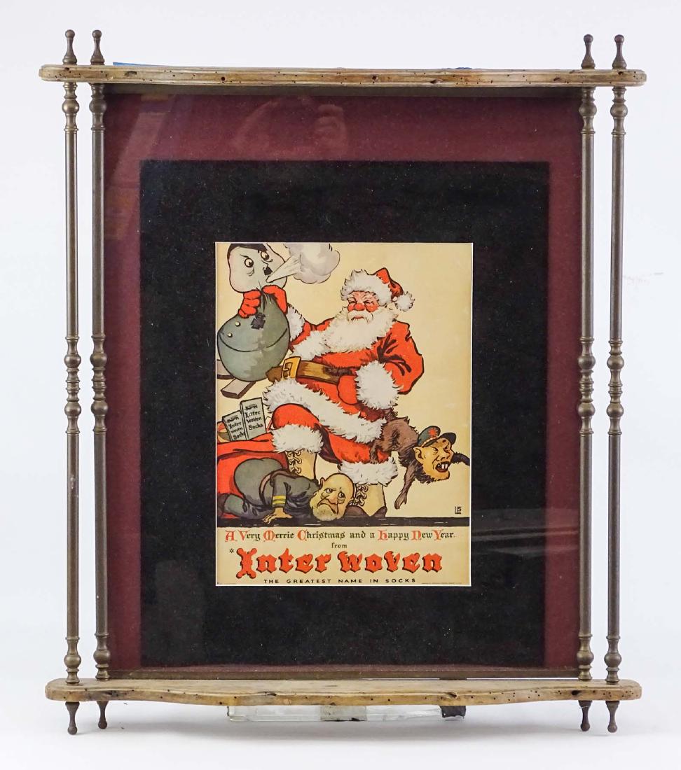 WWII Christmas Poster: Unsusual WWII Christmas poster. Features Santa Claus holding Hitler by the neck, Tojo by the tail, while standing on Mussolini's back. Dated 1944. In quality custom frame. 24" x 28".