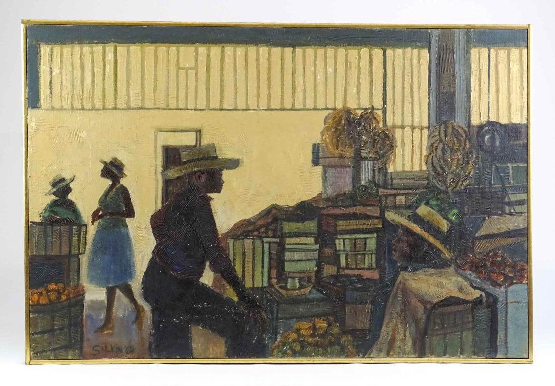 Salkin (20th Century): Salkin (20th Century), market place, signed and dated LLC "Salkin '62", oil on burlap. 24" x 36".