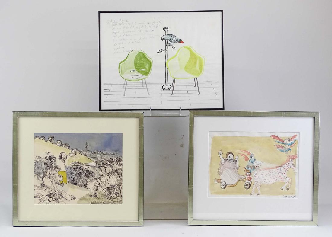 Artwork Lot: Artwork lot including watercolor Flight out of Egypt and Firing squad, both signed indistinctly, along with watercolor of parrot with chairs, signed indistinctly. Largest frame 13 1/2" x 15 1/2"