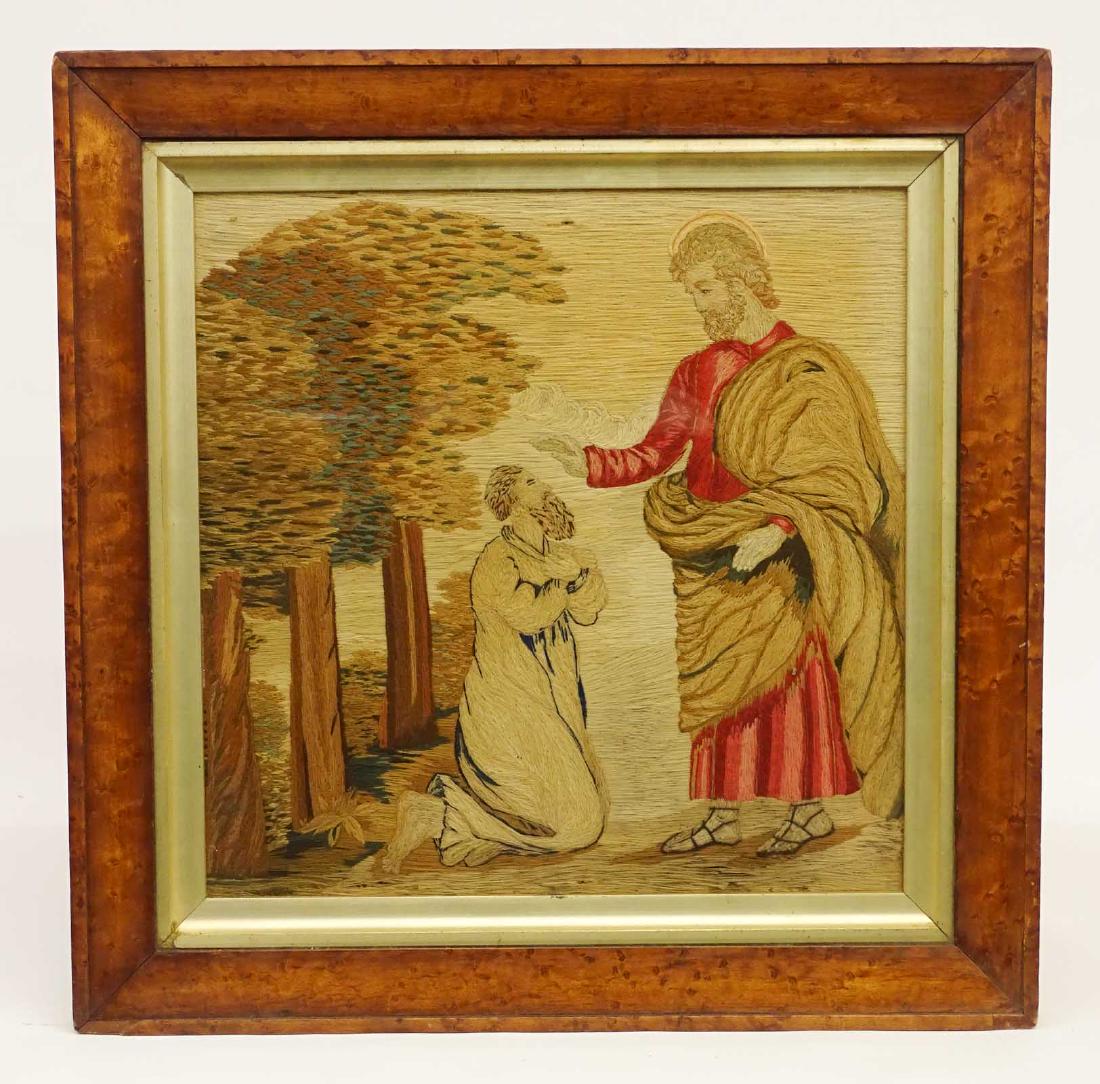 19th c. Needlework: 19th c. needlework of Christ and St. Paul. Sight 15" x 14 1/2".