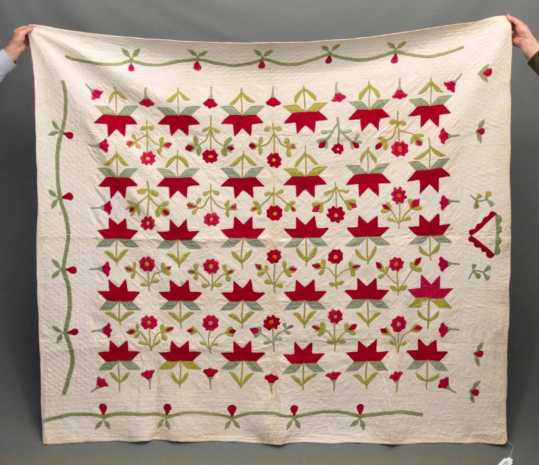 Floral Applique Quilt: Early floral applique quilt. Green, red, yellow and white. 75" x 80".