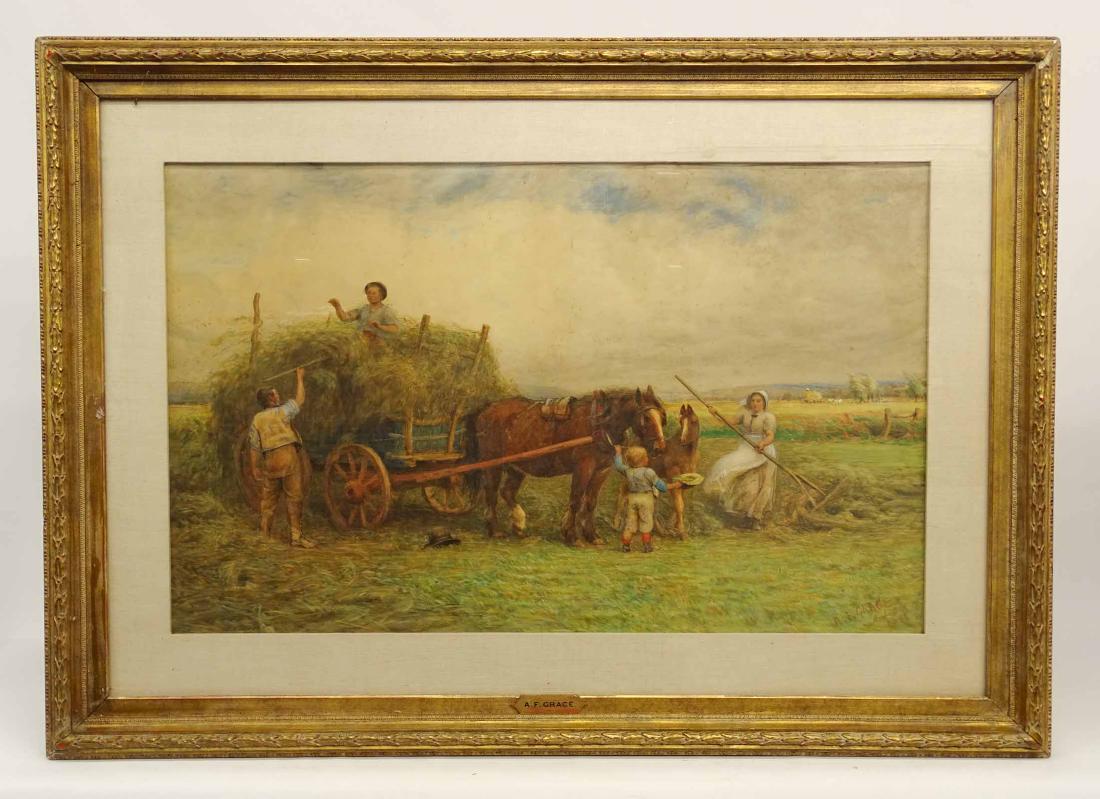 Alfred Fitzwater Grace (1844-1903): Alfred Fitzwater Grace (United Kingdom 1844-1903), farming subject. Gouache or watercolor. Signed and dated 1880 LRC. Sight 24 1/2" x 39 1/2".