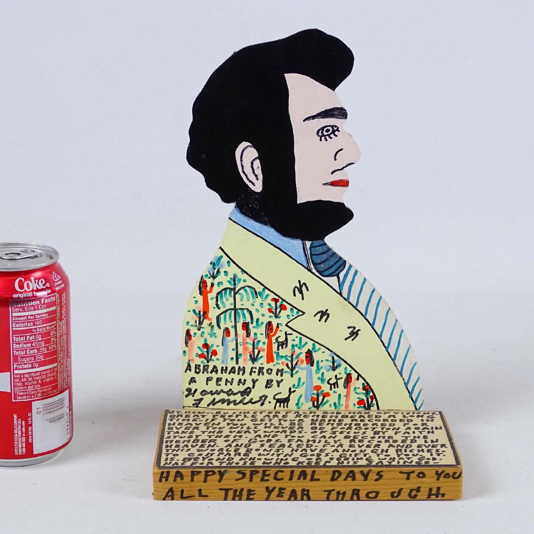 Howard Finster (1916-2001): Howard Finster (1916-2001), woodcut of Abraham Lincoln. Includes written verse by Finster. Dated Jan-11-1993. 10" Ht.. From the collection of Janet Douglas (Jan Douglas Antiques), Sturgis, MI.