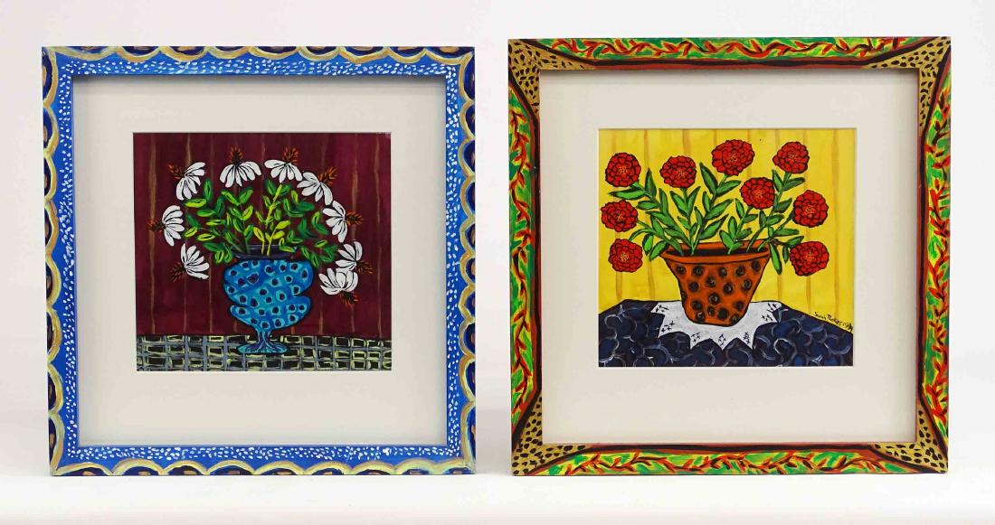 Sara Rakes (20th / 21st Century): Sara Rakes (20th / 21st Century), floral subjects. Bothe signed, frames painted by the artist. Frames overall 13 1/2" x 13 1/2". From the collection of Janet Douglas (Jan Douglas Antiques), Sturgis, M