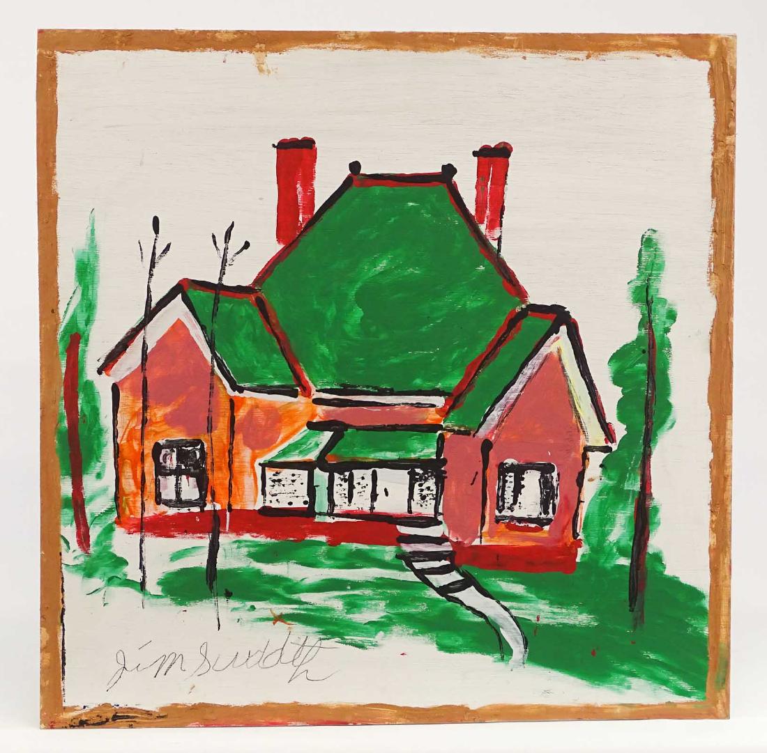 Jimmie Lee Sudduth (Alabama 1910-2007): Jimmie Lee Sudduth (Alabama 1910-2007), large red house with green roof, mud and house paint on board. Signed LLC "Jim Sudduth". 24" x 24". From the collection of Janet Douglas (Jan Douglas Antiques),