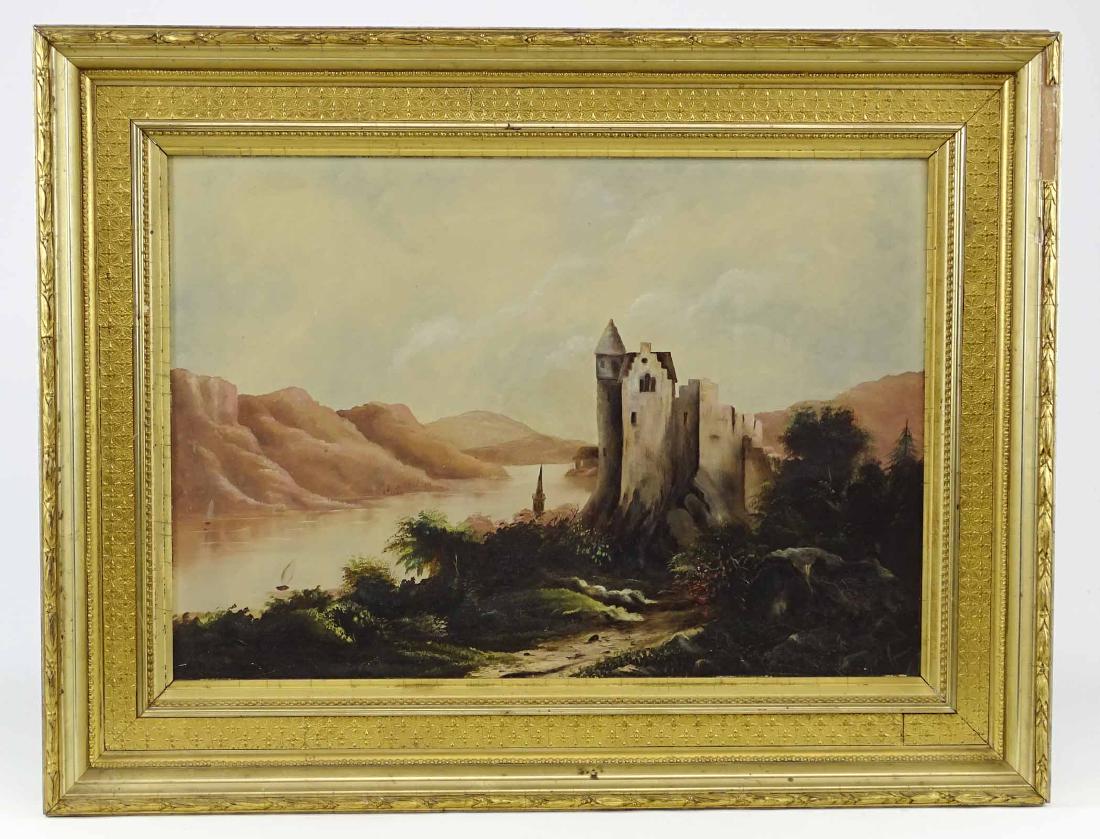 19th c. Hudson River School: 19th c. Hudson River School, Castle on river, oil on panel. 14" x 20".