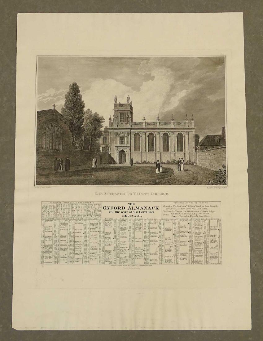 Oxford University Almanac Early Print: Oxford Almanack 1817. Entrance of Trinity College. Engraved architectural view by John Buckler (1770-1851). 29 1/2" x 21 1/2".
