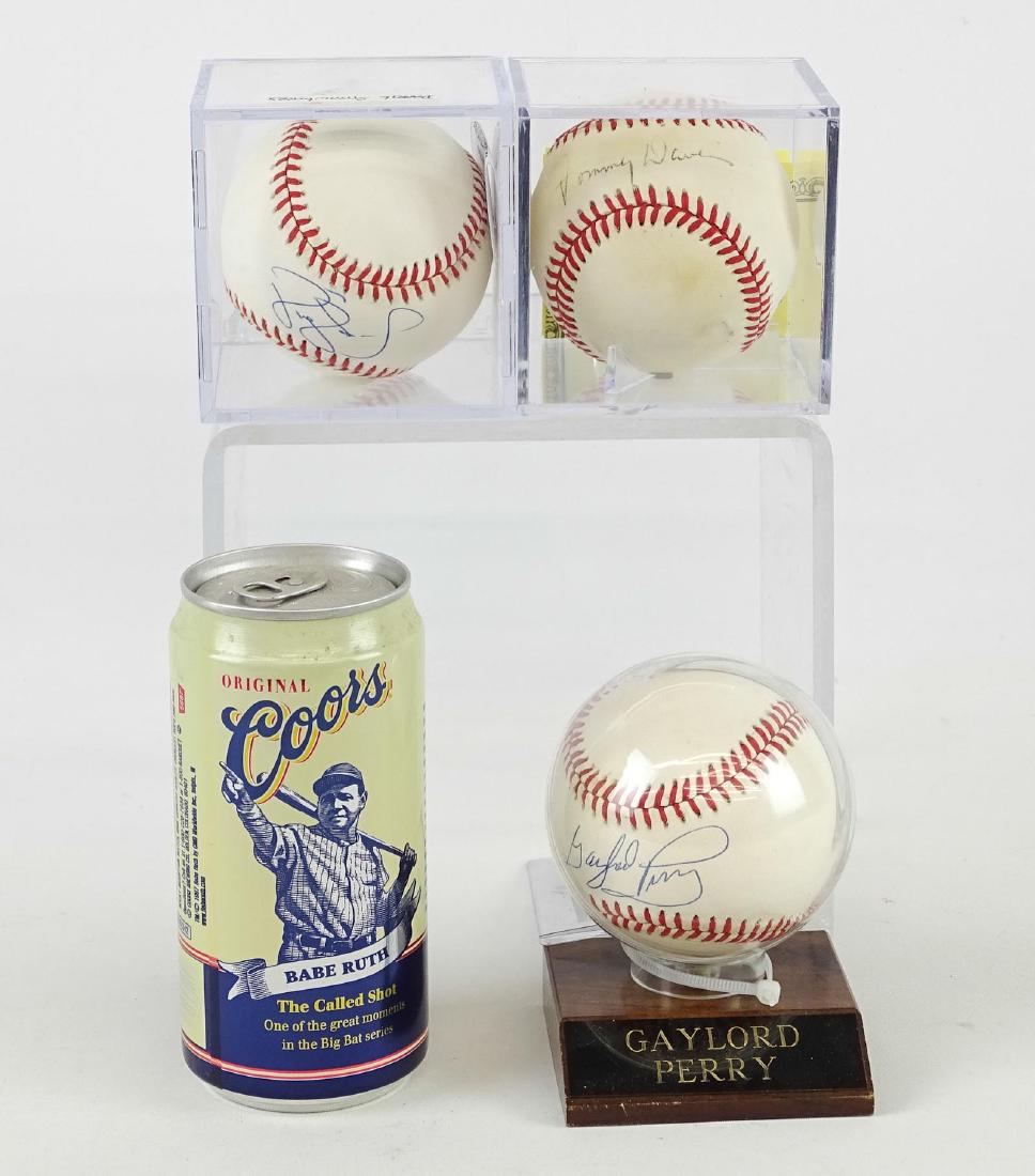 Autographed Baseballs: Lot (3) autographed baseballs including Tommy Davis, Darryl Strawberry and Gaylord Perry, along with Coors Babe ruth beer can.