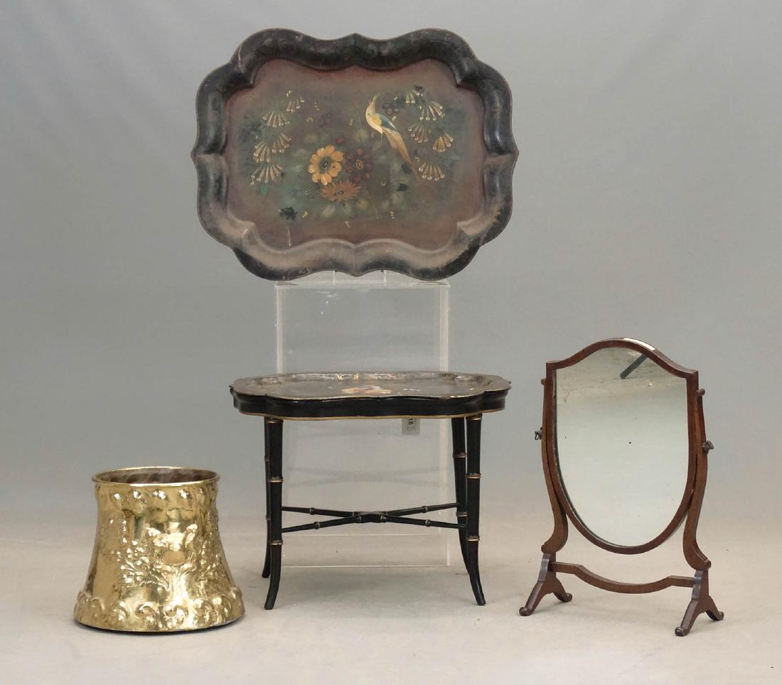 Misc. Lot: Misc. lot including shaving mirror, brass coal bucket, papier mache table and tole tray.