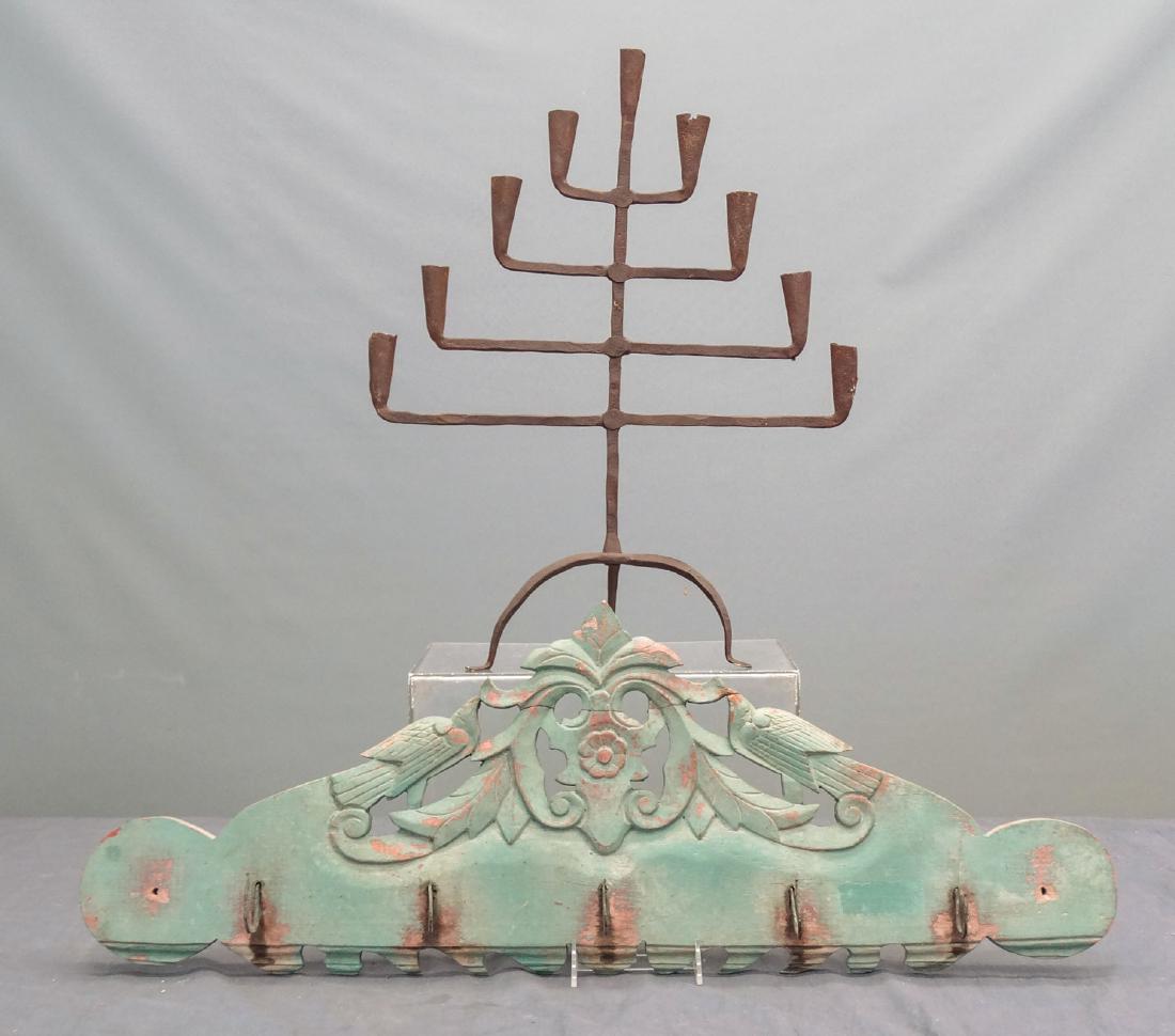 Misc. Lot: Lot including cast iron Menorah 16 1/2" x 20 3/4" Ht. and carved hook shelf (30" x 11").