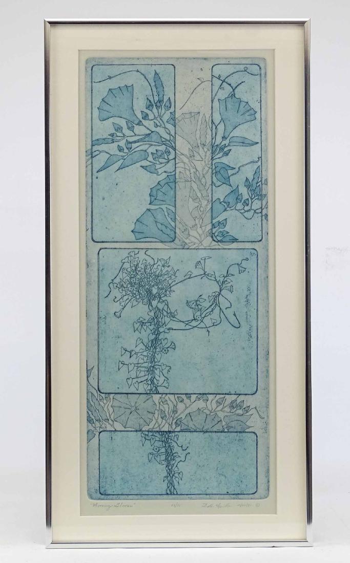Print: Floral print. Signed in pencil "Morning Glories / 29/75 / Beth Neville / 10/22/82". Frame overall 28 1/2" x 14 1/4".