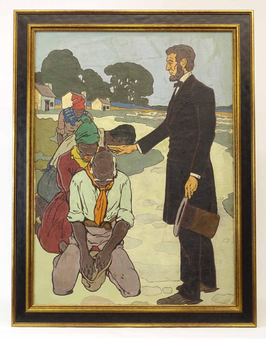 Painting, Illustration Of Abe Lincoln: Painting, illustration of Abe Lincoln consoling African Americans, oil on canvas. 37" x 27".