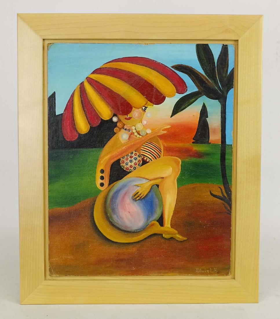 American School, Women On Beach With Umbrella: American School, women on beach with umbrella. Oil on artist board. 14" x 11". Signed LRC "Edwin L. H.".
