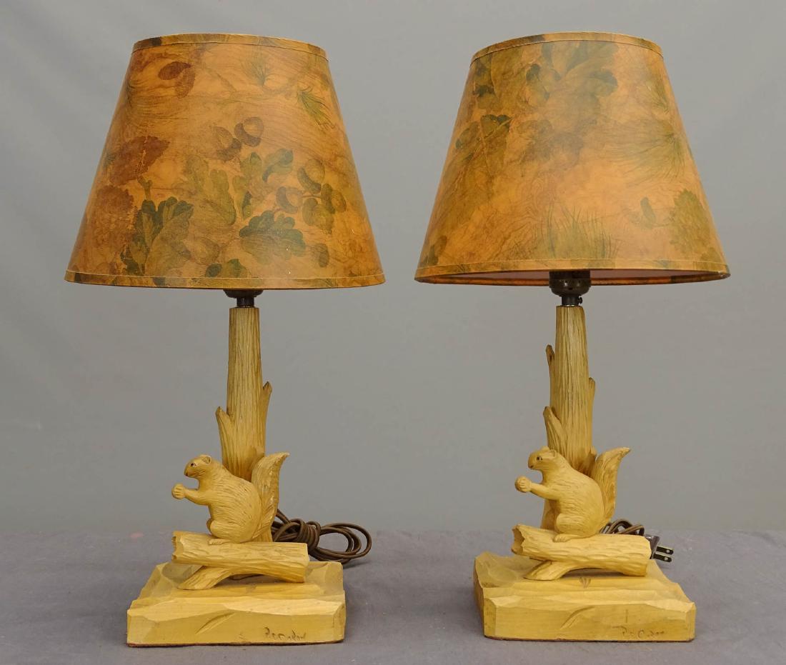 Pair Carved Squirrel Lamps: Pair carved wooden squirrel lamps. 18 1/2" Ht..