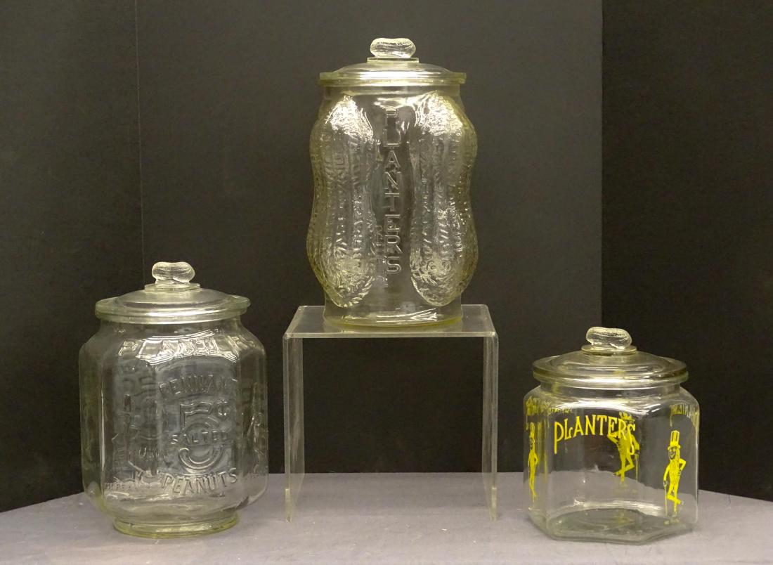 Planters Peanut Jars: Lot (3) Planters Peanut jars. Tallest 14" Ht. (rim chip).