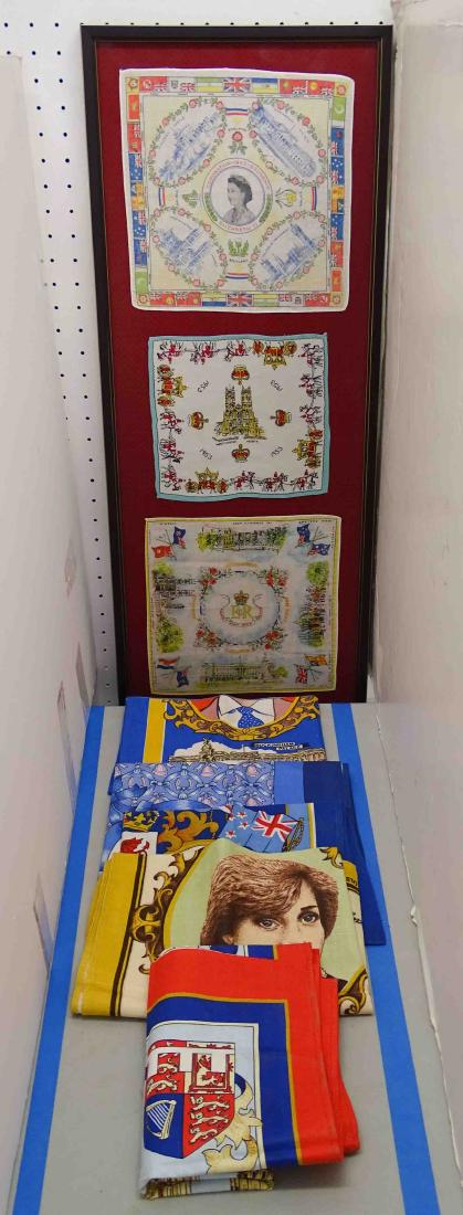 Queen Elizabeth Lot: Lot including Queen Elizabeth Coronation handkerchiefs (frame 31 1/2" x 12 1/2"), together with (5) Charles & Diana textiles.
