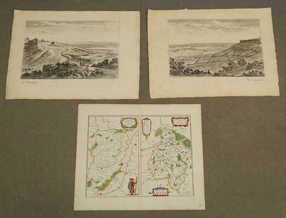 France Antique Map & View, 17th C.: Descriptio Veromanduorum, Antique map, Blaeu, Amsterdam, mid 17th C. W/ view Mommedy on 2 separate sheets, engraving by Israel Silvestre, 1669. 19 1/2" x 26 1/4".