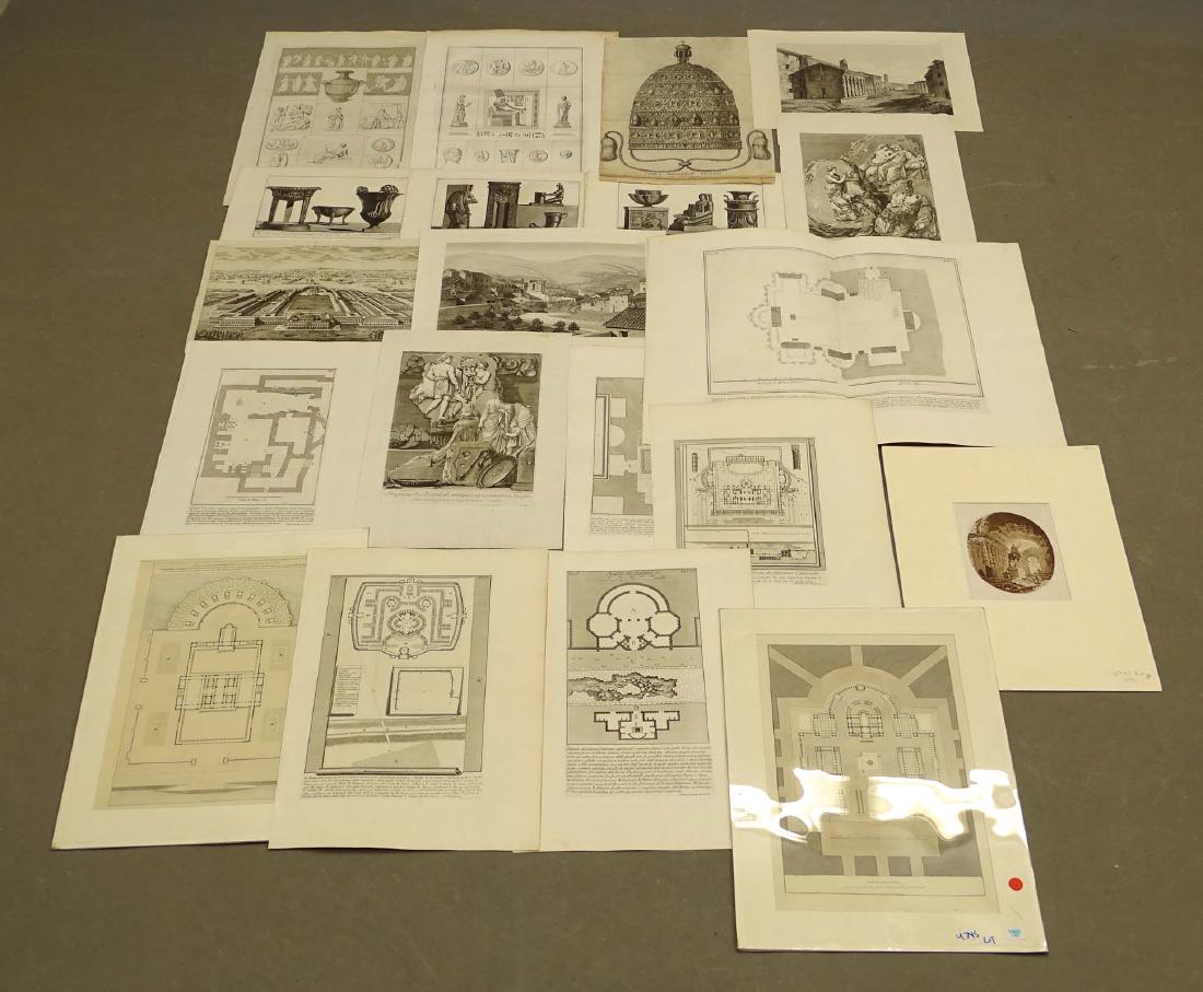 Ancient Architecture Artifacts Prints: Lot of antique prints. Architecturals. Artifacts. Including Piranesi floor plans. 18th -19th centuries. Approximately 23.