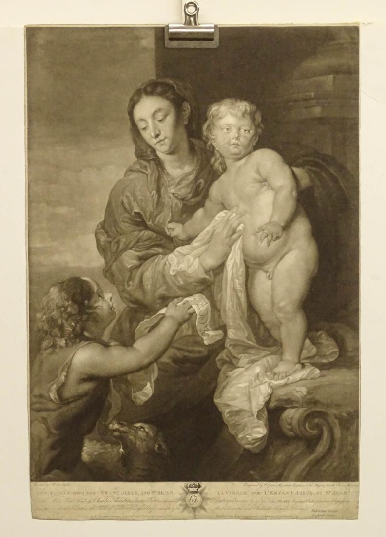 Antique Mezzotint Van Dyck: Virgin with the Infant Jesus. Antique mezzotint after Anthony Van Dyck. Engraved by Valentine Green, London, late 18th C. 24 1/2" x 16 1/2".
