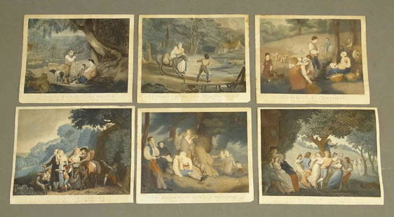 6 Farmers Genre Antique Prints: Richard Westall (1765-1836) (after). Set 6 scenes farmers villagers. Hand-colored engravings, Paris, early 19th c. Largest 19 1/2" x 23 1/2".