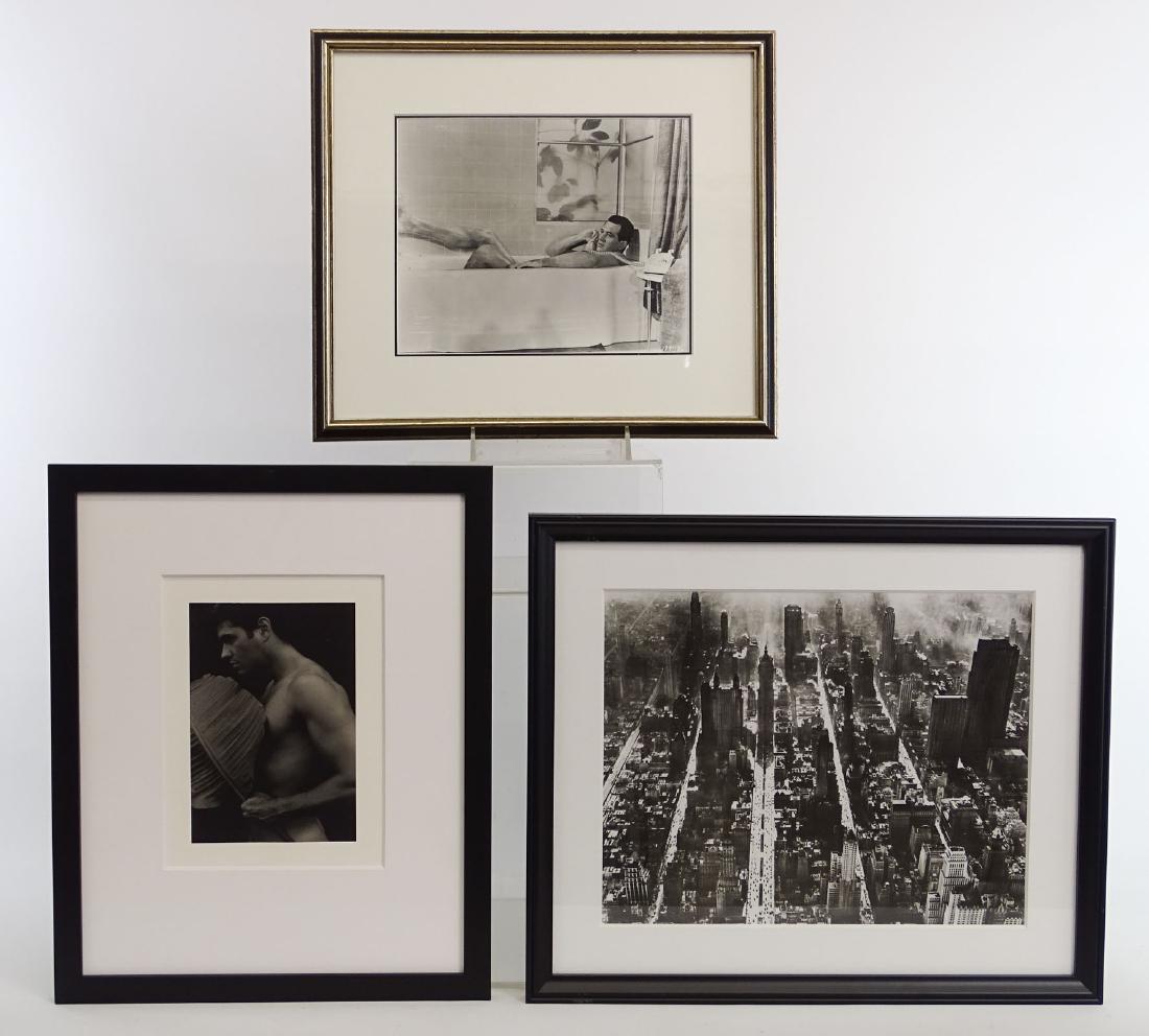Photograph Lot: Lot (3) photographs including nude male by Alex Emil, Rock Hudson in bathtub, Cityscape by William Thomas. Largest frame 15" x 18".
