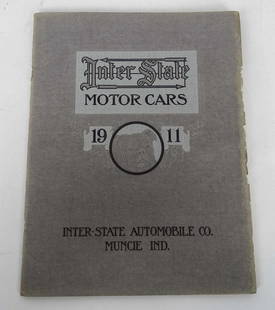 1911 Interstate Motor Cars Catalog: 1911 Interstate Motor Cars catalog. Manufactured in Cambridge & Springfield Mass.. 10 3/4" x 8 1/4". Some edge discoloration, interior loose from spine, otherwise good condition.