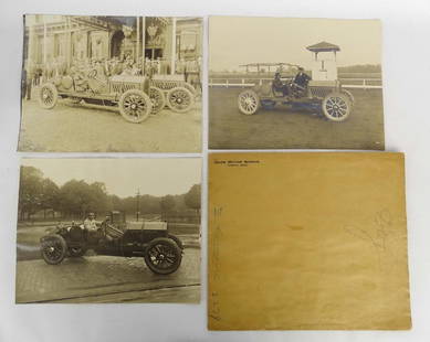Oldsmobile Racing Photographs: Three rare Oldsmobile Racing photographs. Approx. 10 1/2" x 13 1/2". Promotional factory race works team. Lot includes Olds Motor Works Lansing Michigan envelope. Good condition.