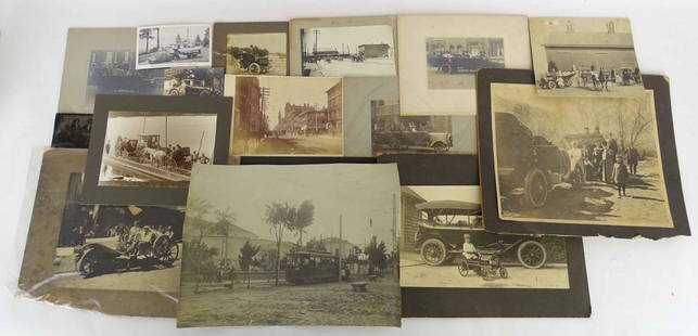 Photograph Lot: Lot (16) early touring car photographs including early tour bus examples, rare tintype photo pose. Largest 10" x 12". Good condition.