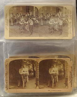 Stereoview Collection: One owner bicycle stereoview collection. (55) examples. Includes high wheel subjects, Adult tricycle, humorous, safety bicycles etc.. Good condition, some have slight imperfections, othewise good
