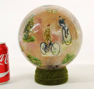 Victorian Hat Holder With Cycling Motif: Scarce Victorian glass hat holder with cycling motif. 10" Ht.. Good condition.