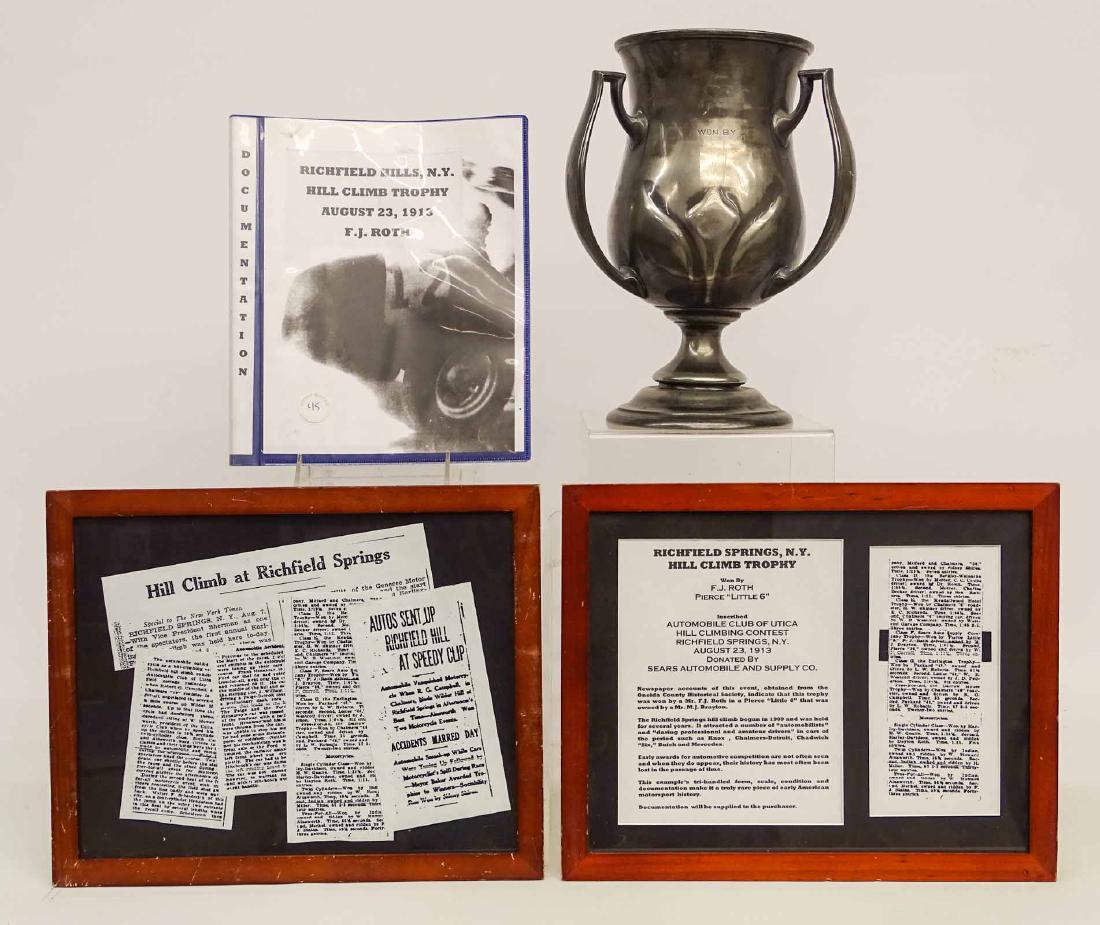 Trophy: 1913 Richfield Hills N.Y. Hill Climb trophy. Includes various documentation. 12 1/2" Ht.. Good condition.