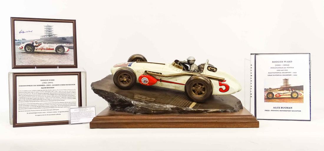 Bronze Of Roger Ward By Alex Buchan: Alex Buchan (20th Century), bronze of Roger Ward Indianapolis 500, 1959, 1962. Signed and numbered. Bronze approx. 25" x 13" x 9" Ht.. Mounted on wood base (26" x 15" x 2"). Good condition. Includes a