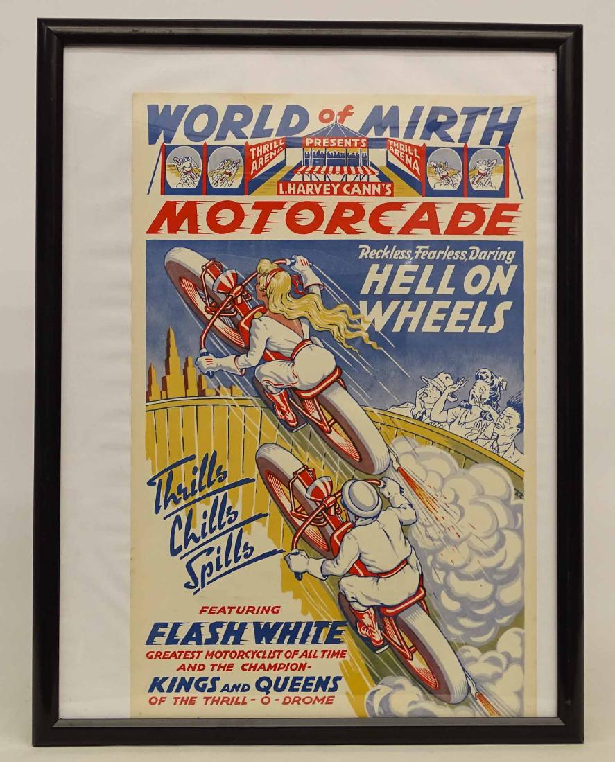 Original Daredevil Motorcycle Poster: Original Daredevil motorcycle poster "WORLD OF MIRTH....L. HARVEY CANN'S MOTORCADE....HELL ON WHEELS....FEATURING FLASH WHITE". 21 1/2" x 14". Good condition.