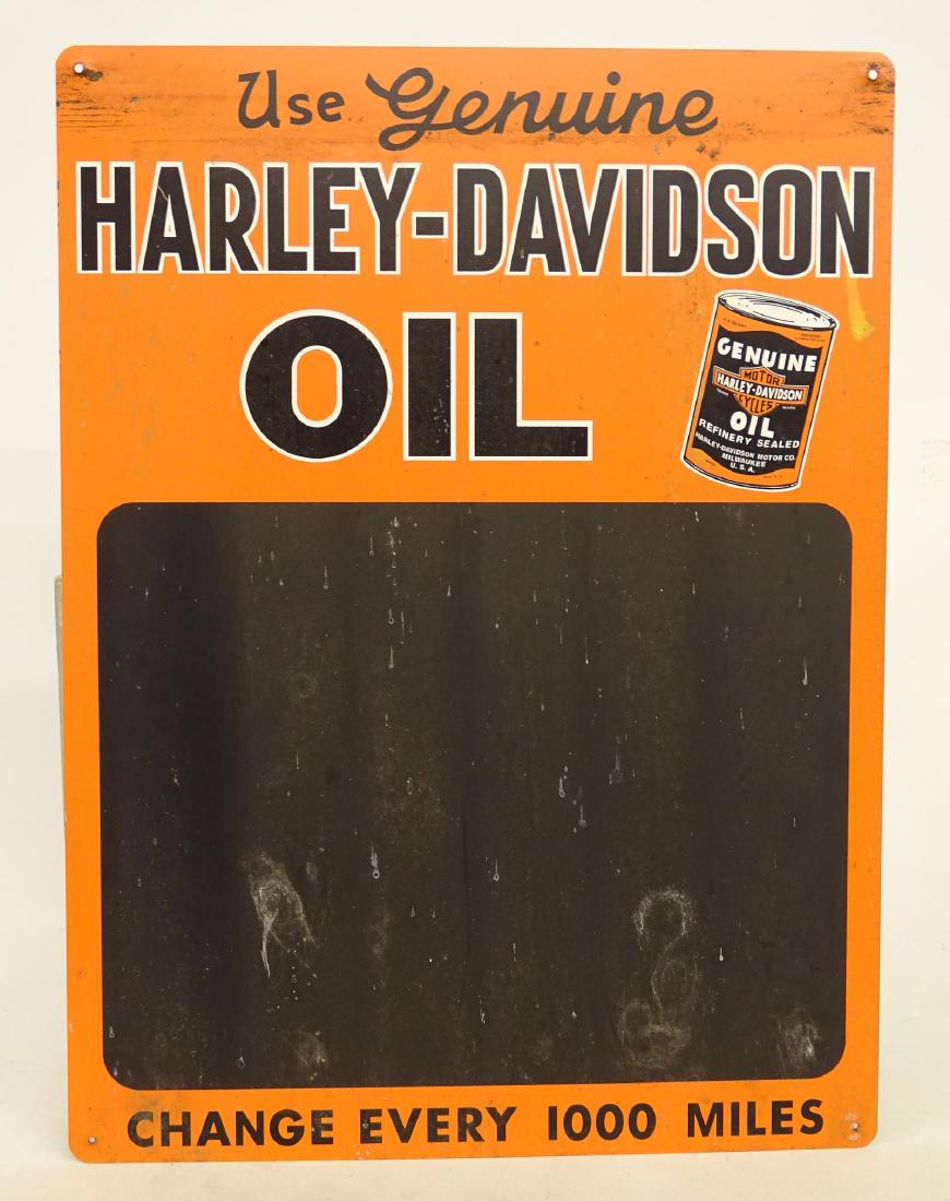Harley Davidson Chalkboard: Harley Davidson sheet metal chalkboard sign "USE GENUINE / HARLEY-DAVIDSON OIL...". 22 3/4" x 17 1/2". Good condition.