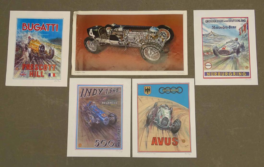 Signed And Numbered Racing Prints: Signed and numbered racing prints (5 pieces). Includes artists Phil May and Kimball. Largest 30" x 17 1/4" Good condition.