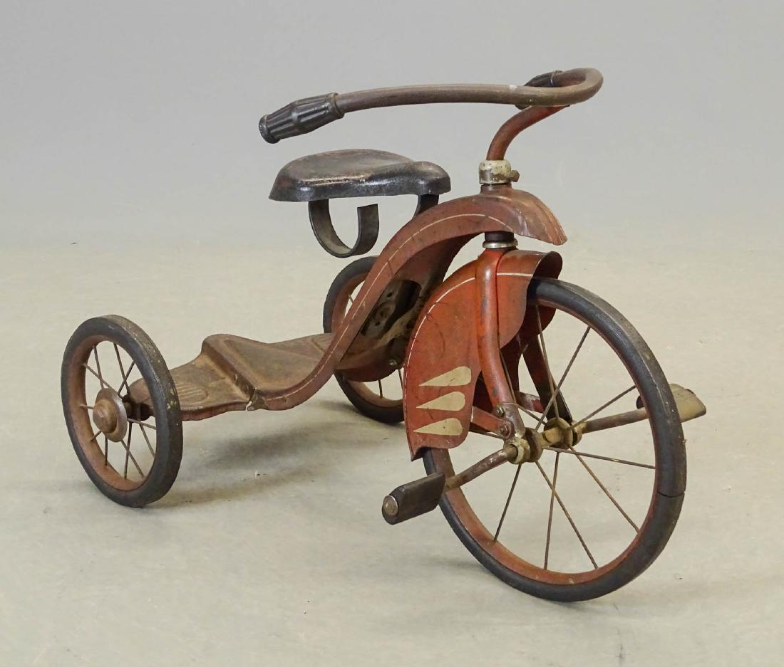 1930's Trojan Streamlined Tricycle: 1930's Trojan Streamlined Tricycle 1930's Steelcraft or American National style. Original sprung steel seat. Good original paint & graphics. 26" L., 18 1/2" Ht..