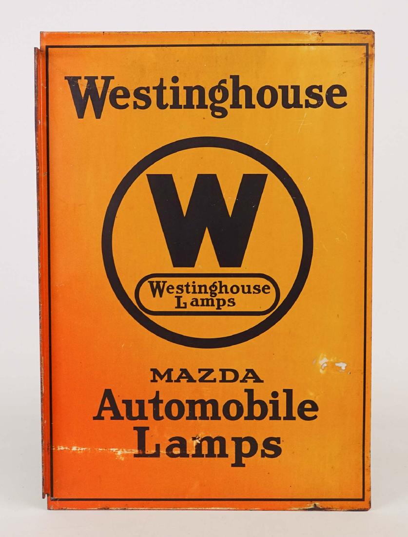 Trade Sign: Metal, Flanged, 9 x13 Inch, “Westinghouse Mazda Automobile Lamps” sign.