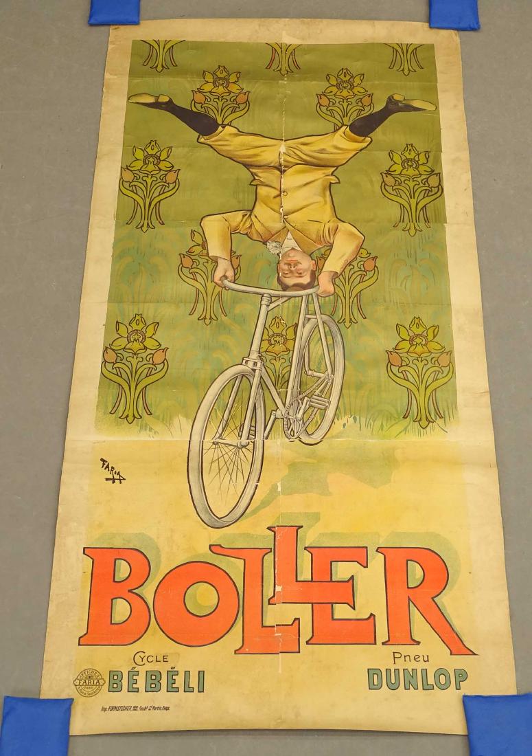 Bicycle Poster: Early French bicycle poster, "BOLLER", 36" x 70 1/2". Fair condition. Linen backed.