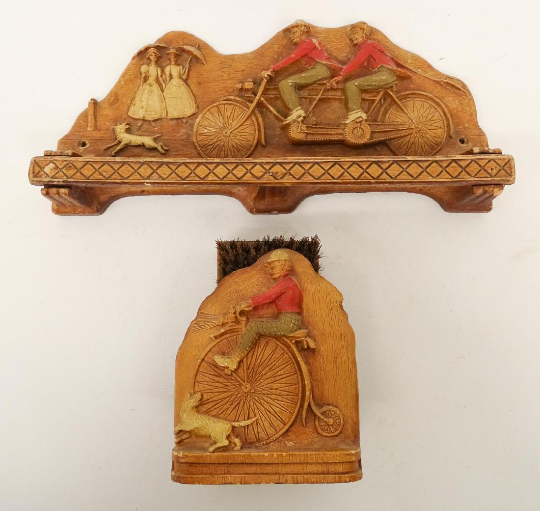 Tie Holder & Brush Set: Tie holder and brush set with cycling motifs. Tie holder 11" W.. Good condition.