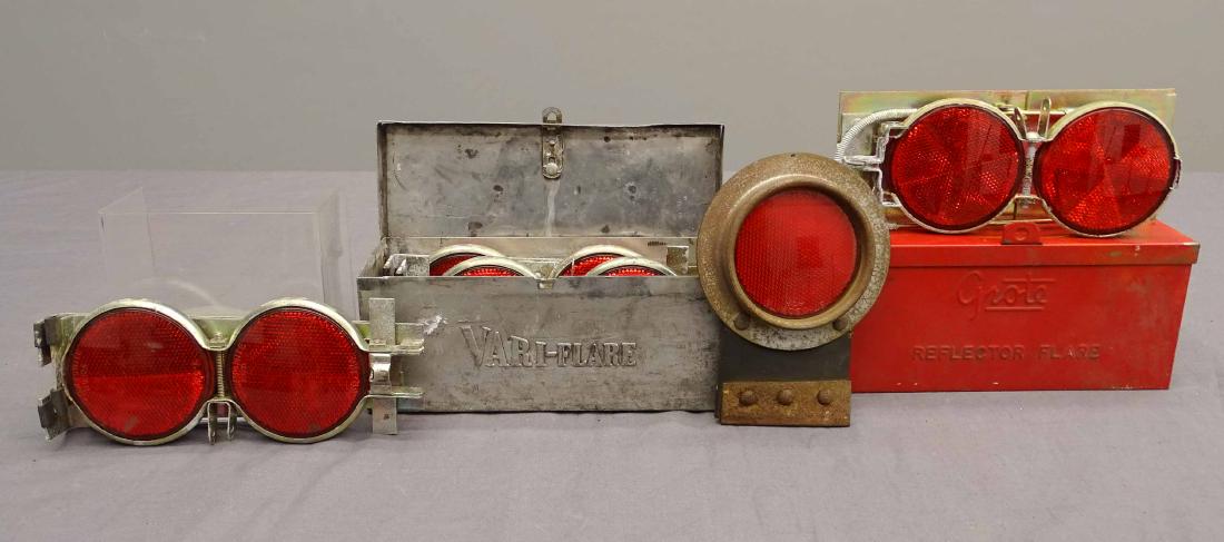 Roadside Reflectors: Lot including (2) vintage boxed sets of reflectors and vintage "Rat Rod" reflector. Good condition.